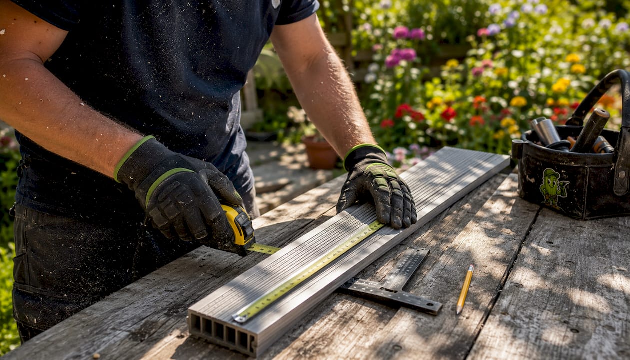 Hands measuring PVC decking board overhead
