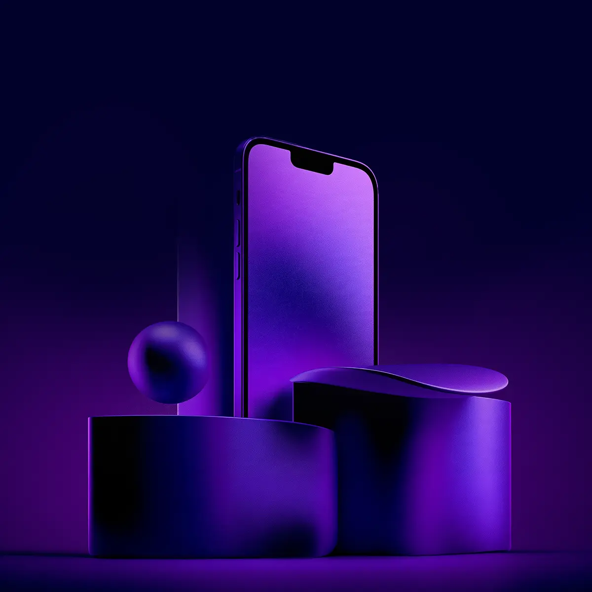 A smartphone standing between two cylindrical pedestals and a small sphere in dark purple light