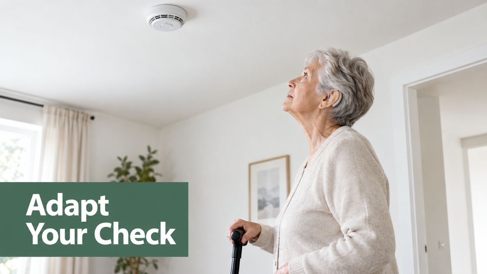 An elderly woman with a hearing aid looking up at a smoke detector on the ceiling.