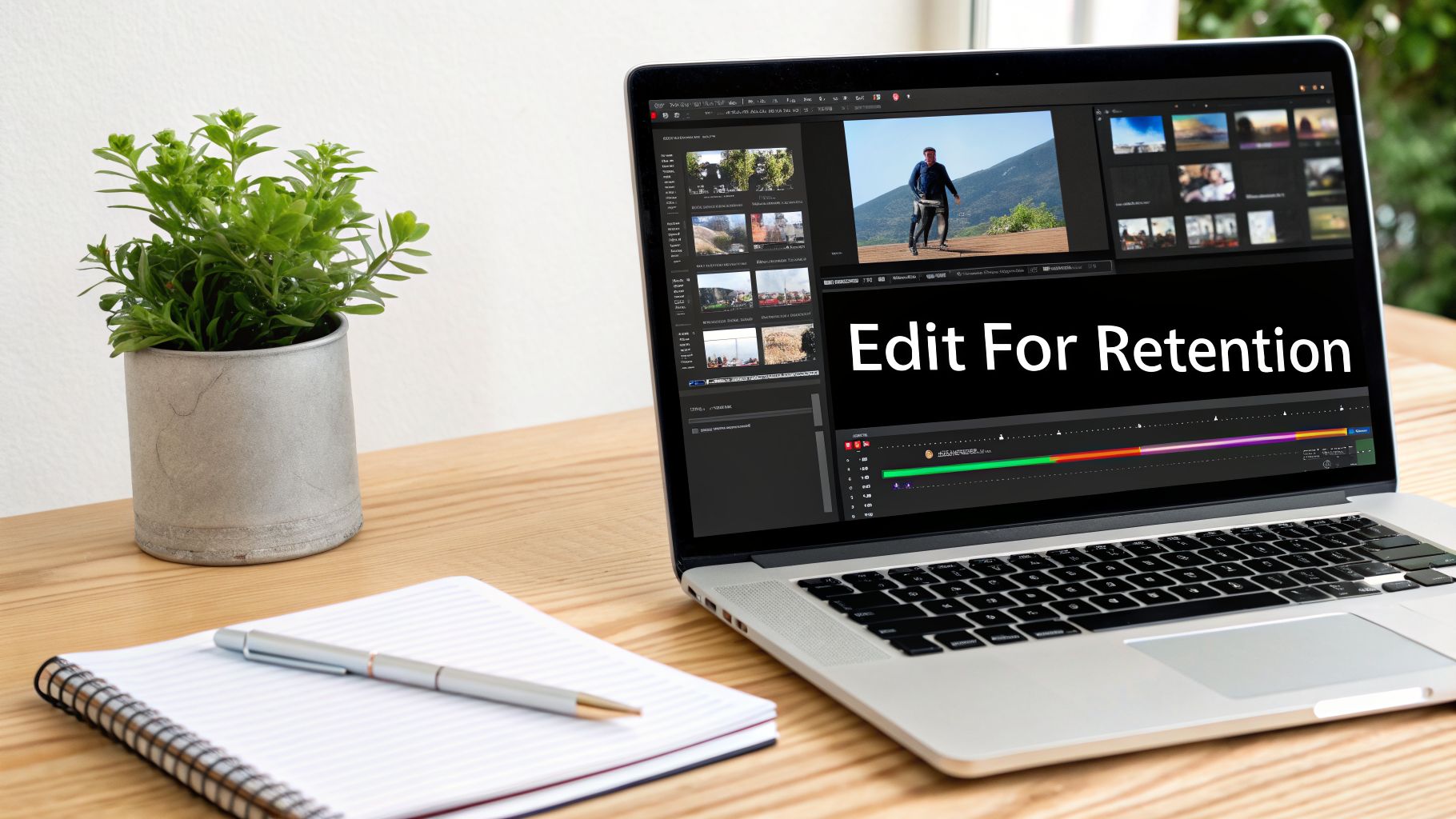 A laptop displays video editing software with 