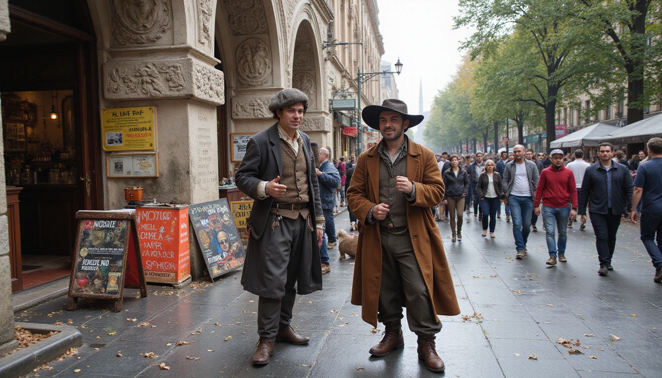 A lively city street featuring street performers and vibrant shop signs.
