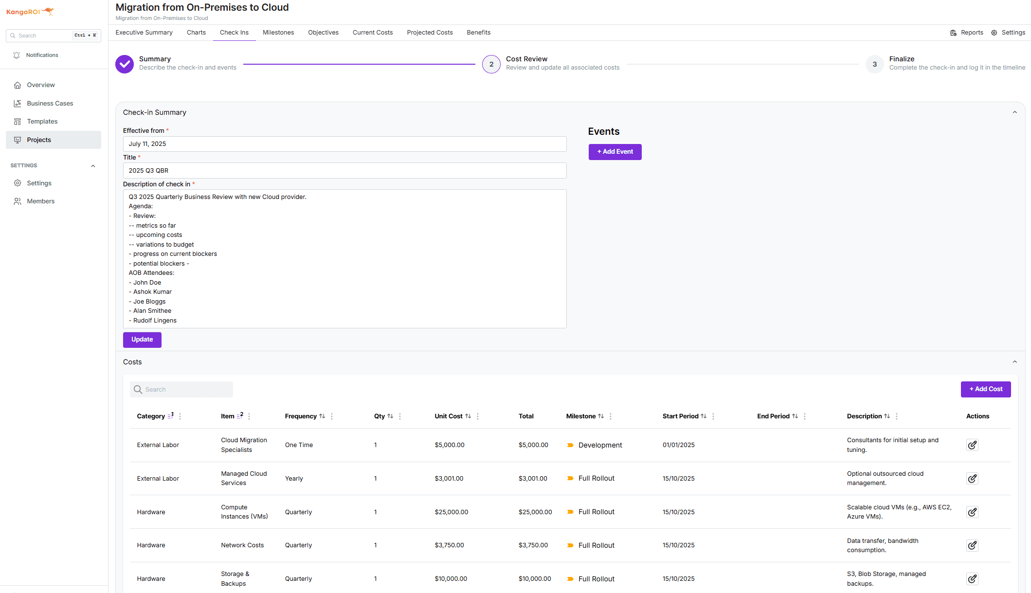 A screenshot of the KangaROI platform, showing the user performing a check-in