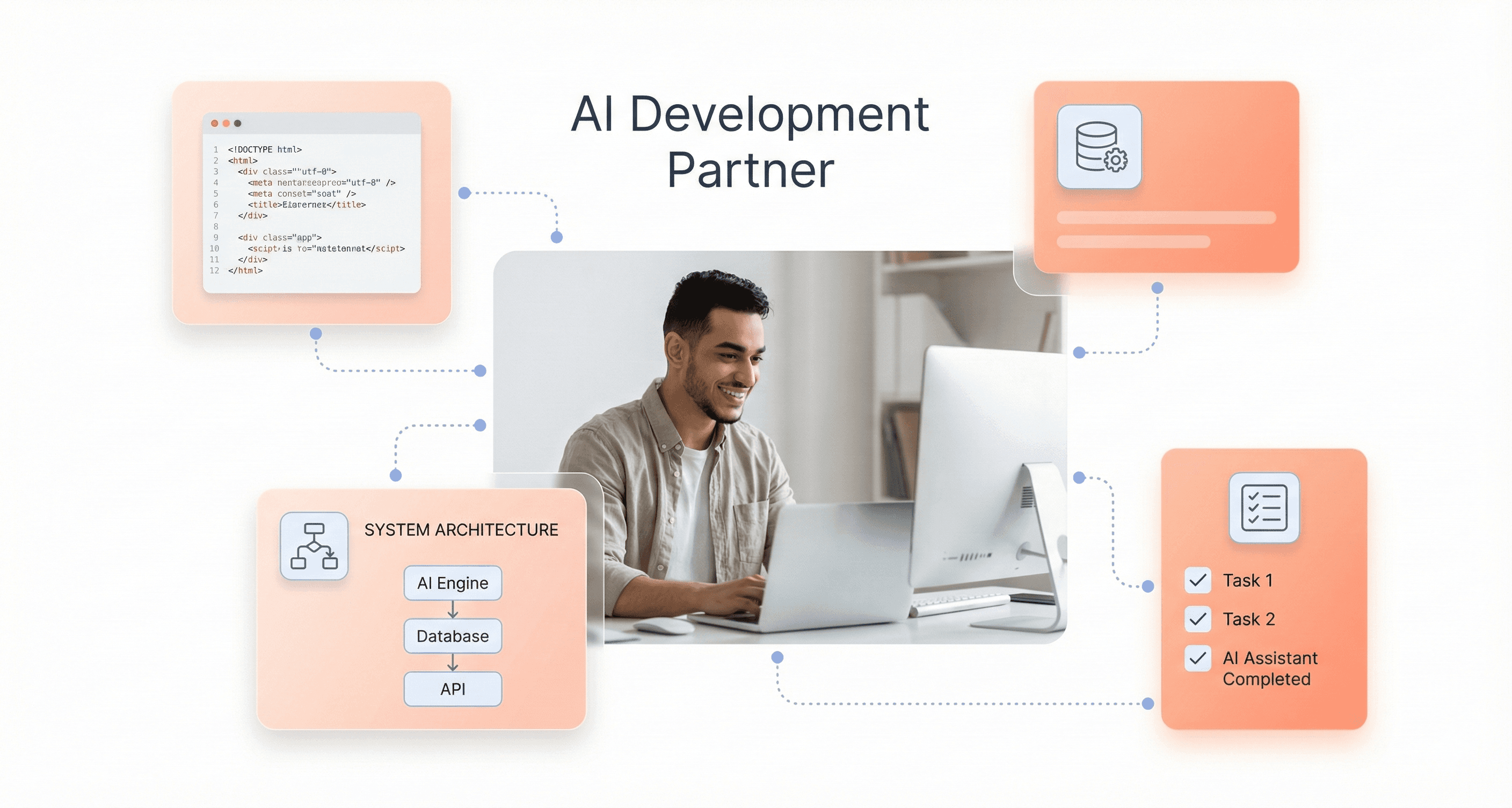 Developer working confidently on a laptop with floating UI cards showing clean code, system architecture, and completed tasks, illustrating GPT-5.1 as an AI partner for modern software development.