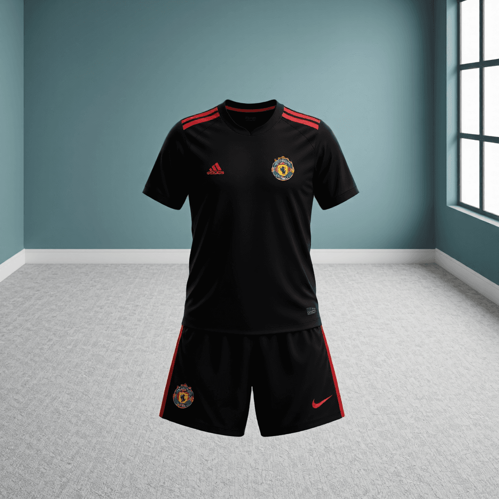 product photography of a set of sportswear consisting of a jersey and shorts, designed for football