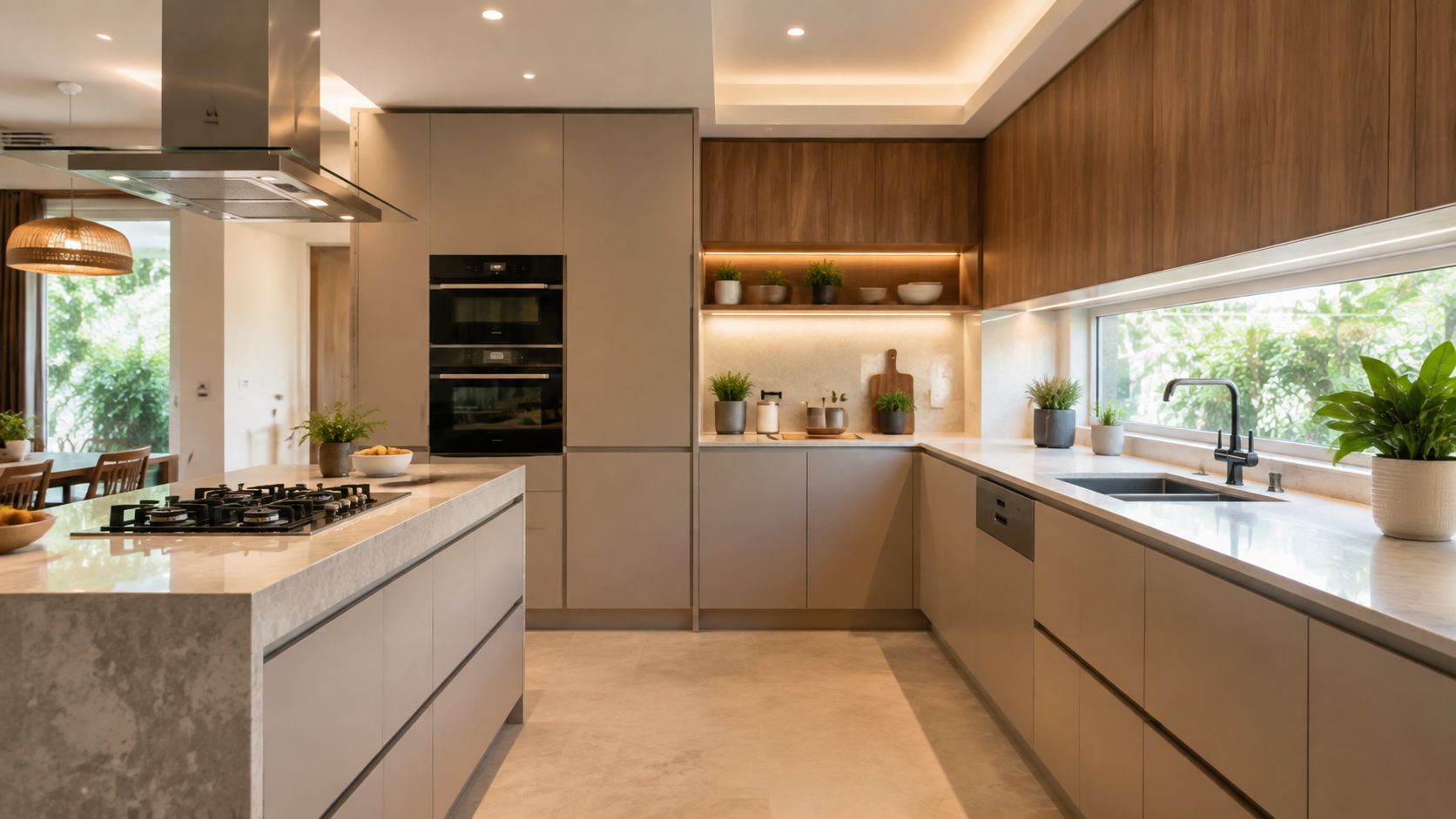 A modern, sleek modular kitchen design with light grey cabinetry, wooden accents, and an integrated kitchen island.