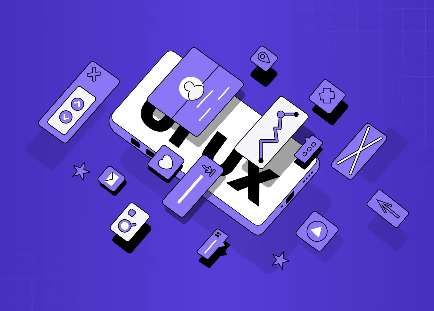 Illustration of overlapping mobile devices and interface elements surrounded by icons representing digital features, communication, and user interactions.