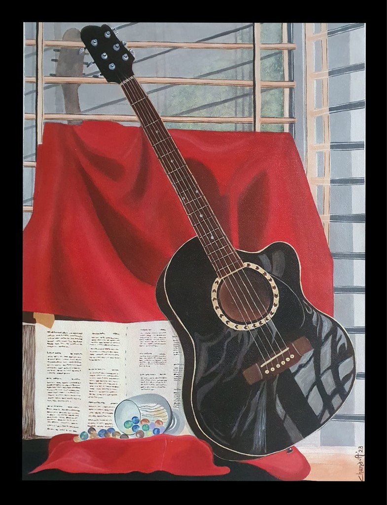 Acrylic painting of a black guitar resting on a red draped cloth with a textured background.
