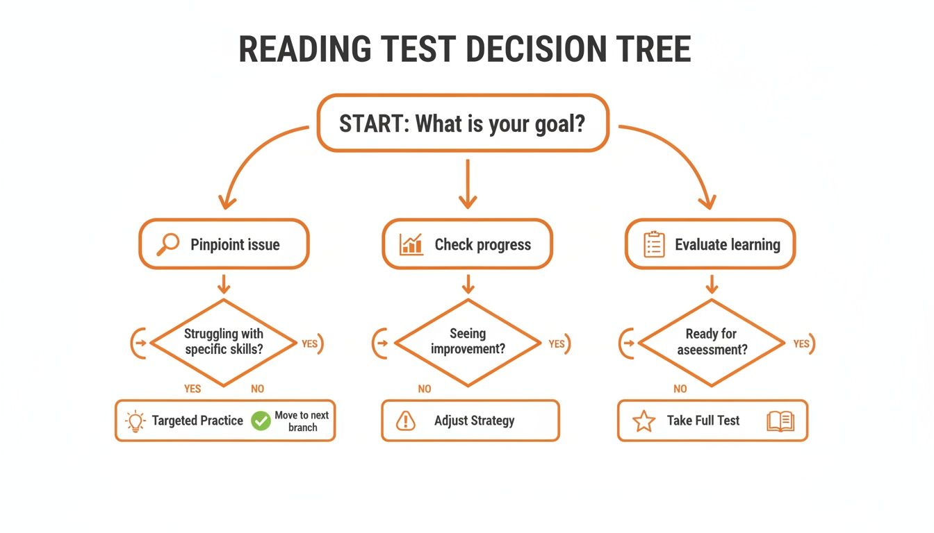 A decision tree flowchart outlining steps for reading test preparation based on user goals.