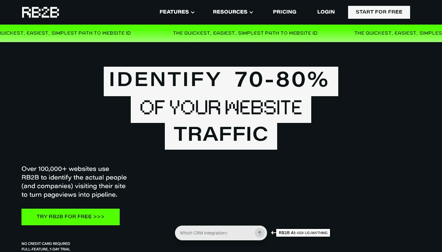 RB2B homepage: AI driven person-level website visitor identification tool