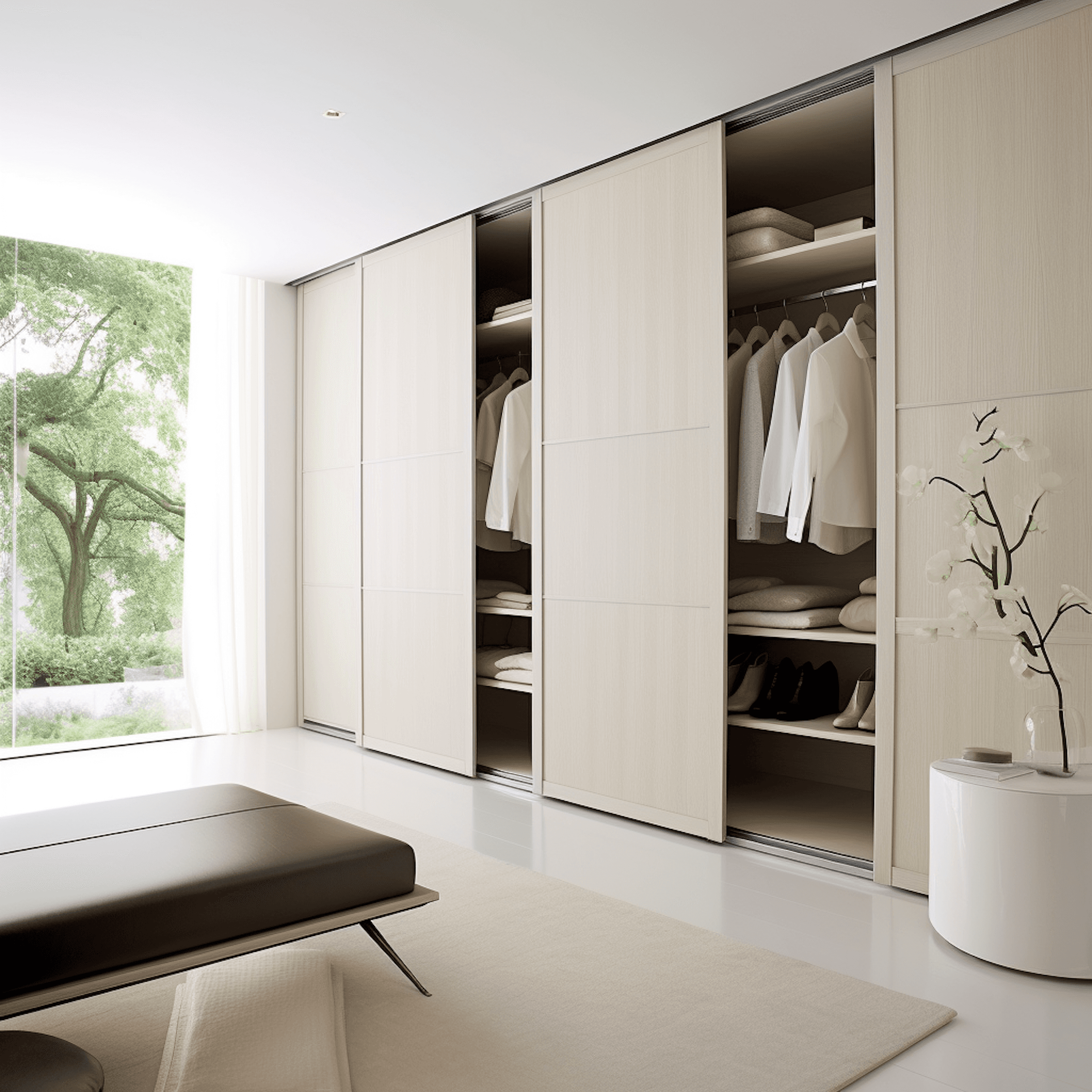 A modern walk-in closet featuring wooden shelving, glass doors, a mirror, and a cushioned ottoman.