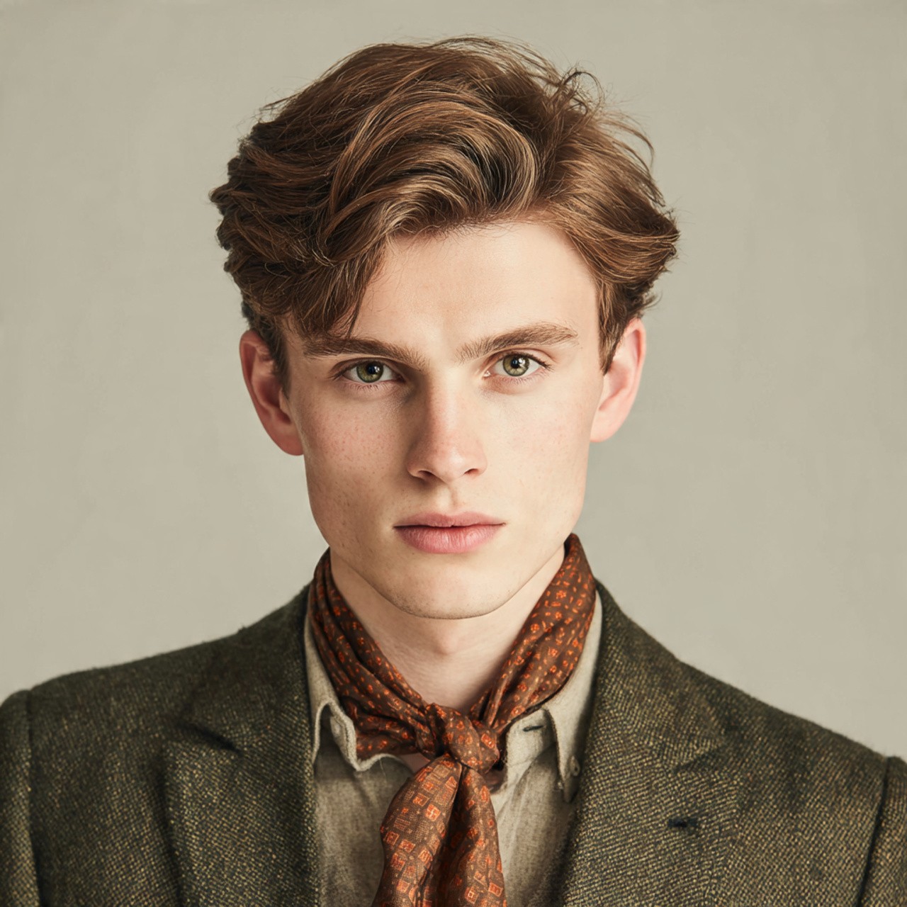 Young man with red hair, freckles, tweed jacket, and silk scarf.