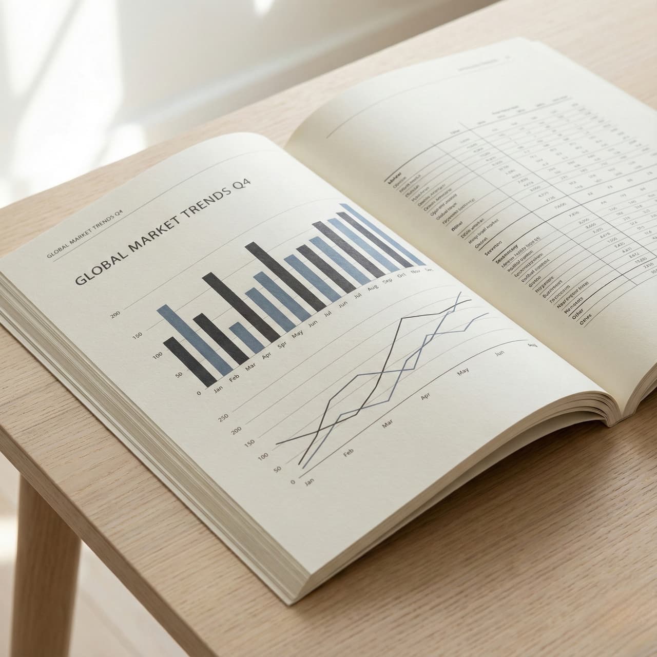 Open book on a wooden table displaying "Global Market Trends Q4," with bar and line graphs on one page and a data table on the other. Bright, professional setting.
