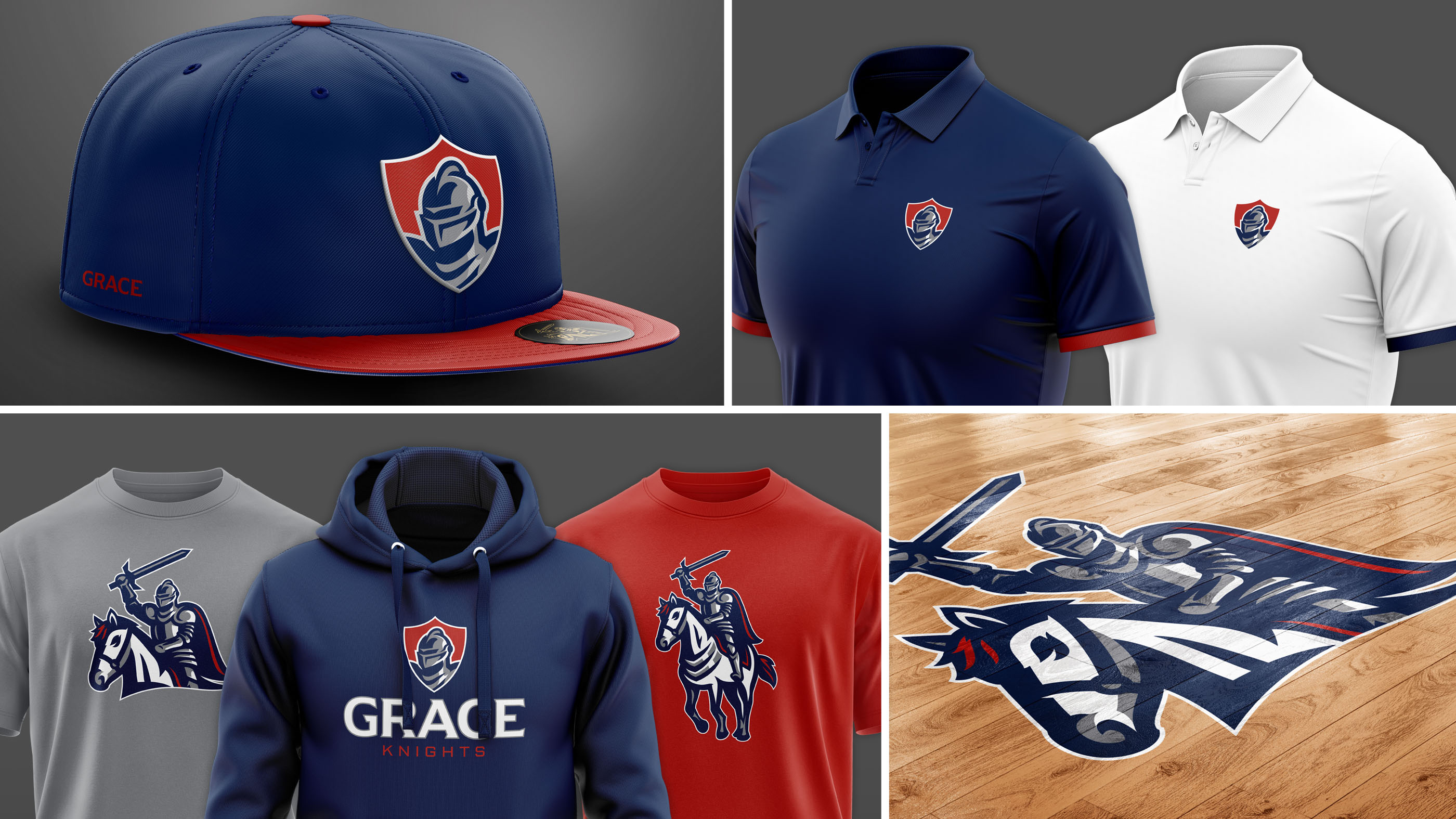 Grace Academy knight logo system mocked up on apparel and gym floor.