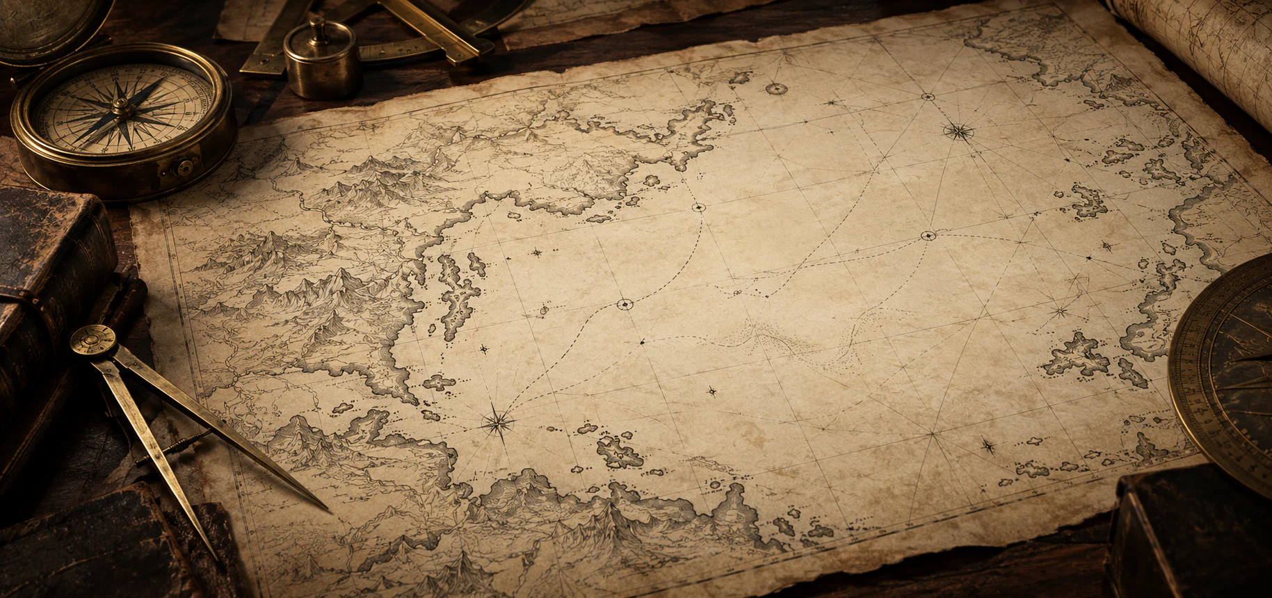Historical expedition planning map and navigational instruments