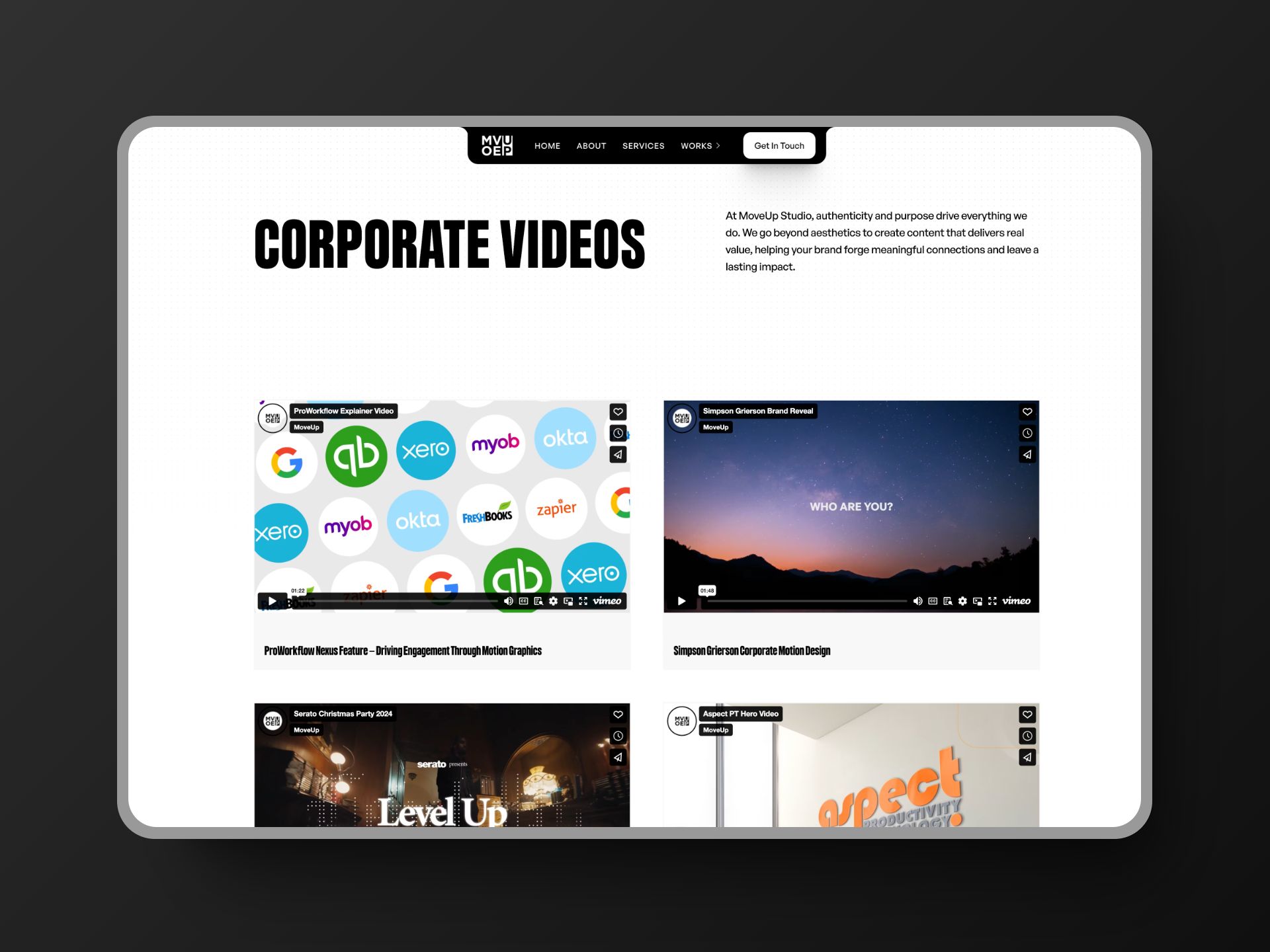 Move Up Studio Corporate Videos page displaying a selection of video thumbnails, including ProWorkflow explainer videos, Simpson Grierson brand reveal, and other engaging motion graphic projects.