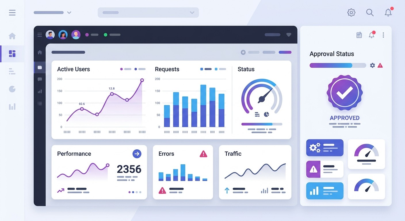 A flat illustration of an app review dashboard showing status indicators and an approval checkmark.
