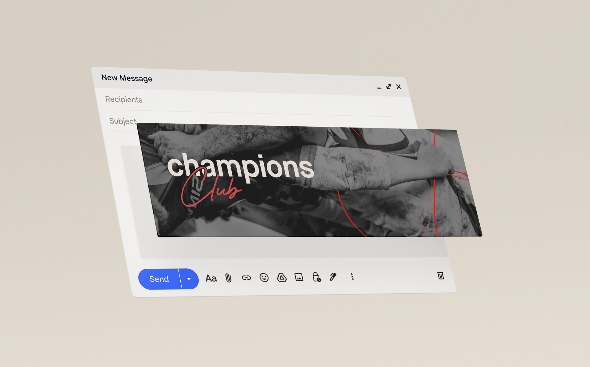 Mockup d'un header d'email pour le club sportif Champions Club, logo en surimpression sur une photo d'athlète