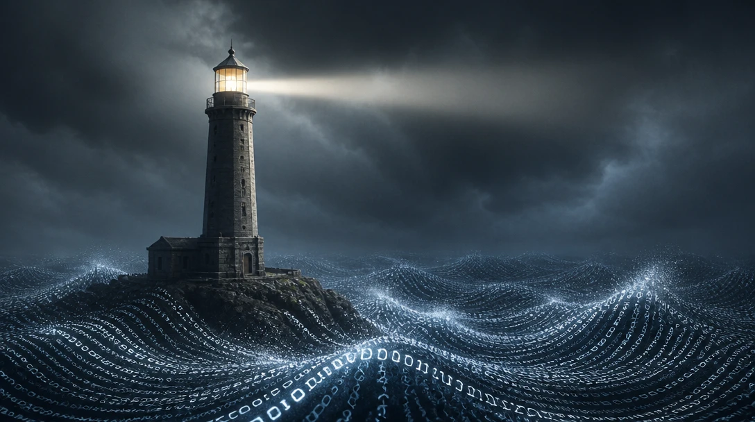 A steadfast lighthouse representing long-term brand authority amidst a sea of digital noise.
