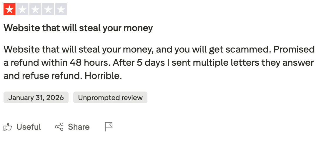Negative one-star review titled "Website that will steal your money" regarding refund refusal