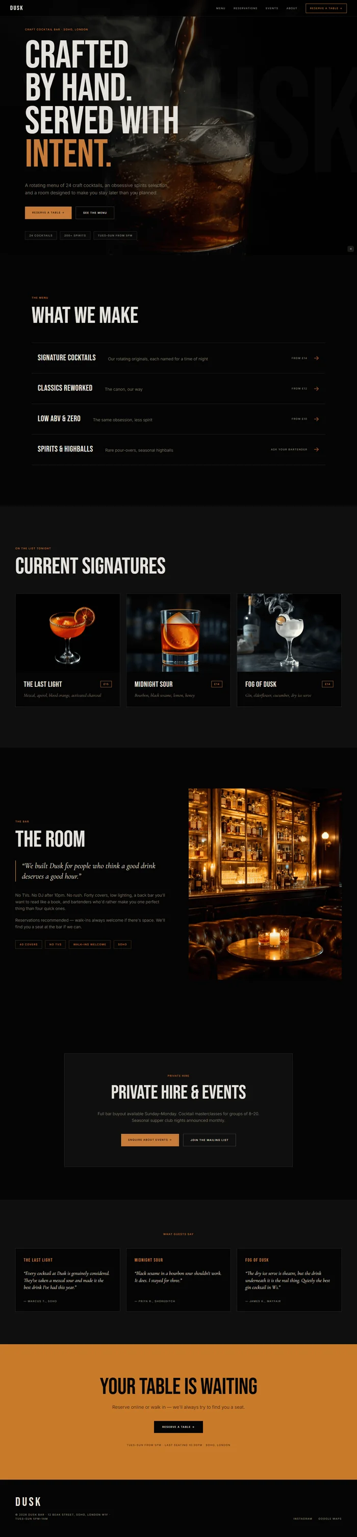Cocktail bar website prompt full preview — pure near-black #050505 background with deep amber #c97a2a accent and warm cream text, Bebas Neue condensed cinematic hero headline with minimal composition-independent overlay over full-bleed dramatic cocktail photography, large faded "DUSK" background text at 2.5% opacity on right side, four hover-raise menu category rows with amber right arrows and prices, and three signature cocktail cards with full-bleed 4x3 cocktail photography and Bebas Neue names with Cormorant italic descriptions