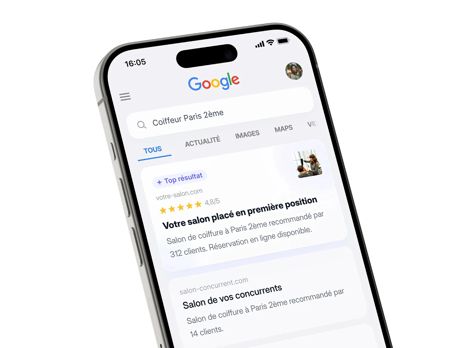 Interface des résultats de Coucou sur iPhone montrant la collecte d'avis Google