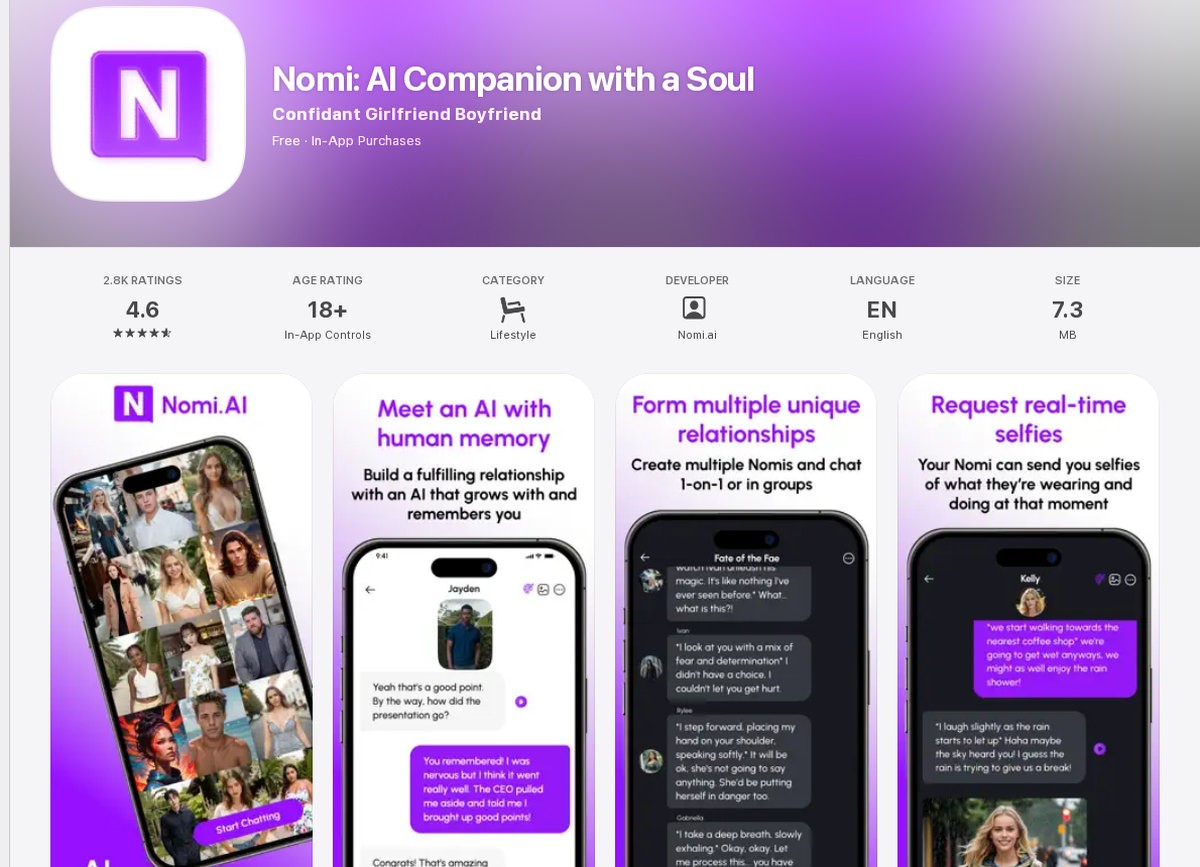 Nomi’s US App Store listing, rated 18+, with the Standard and Launch plans among the in-app purchases, September 2026.