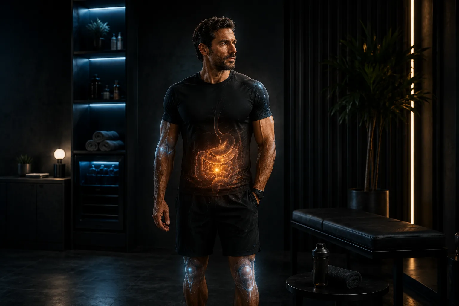 Man standing with the inside of his stomach glowing, along with knees