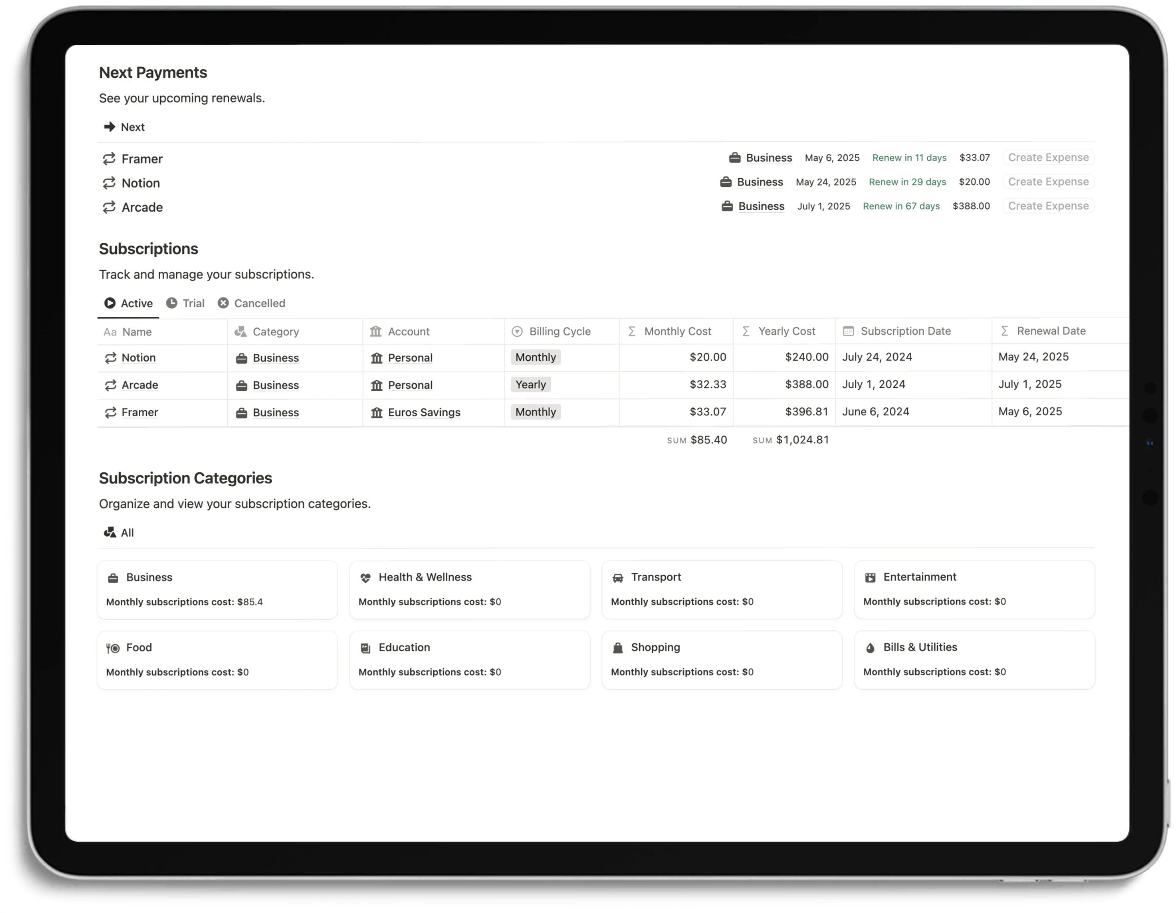 Notion Finance Tracker - Feature Subscription