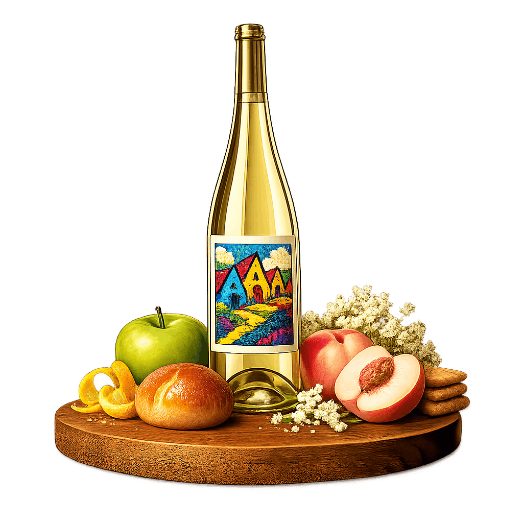 Artistic label and flavor profile for Slovak Sparkling Wine on a rustic wooden table.