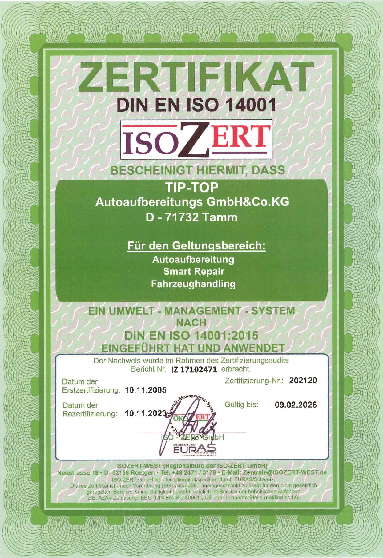 Zertifikat Isozert Tip Top