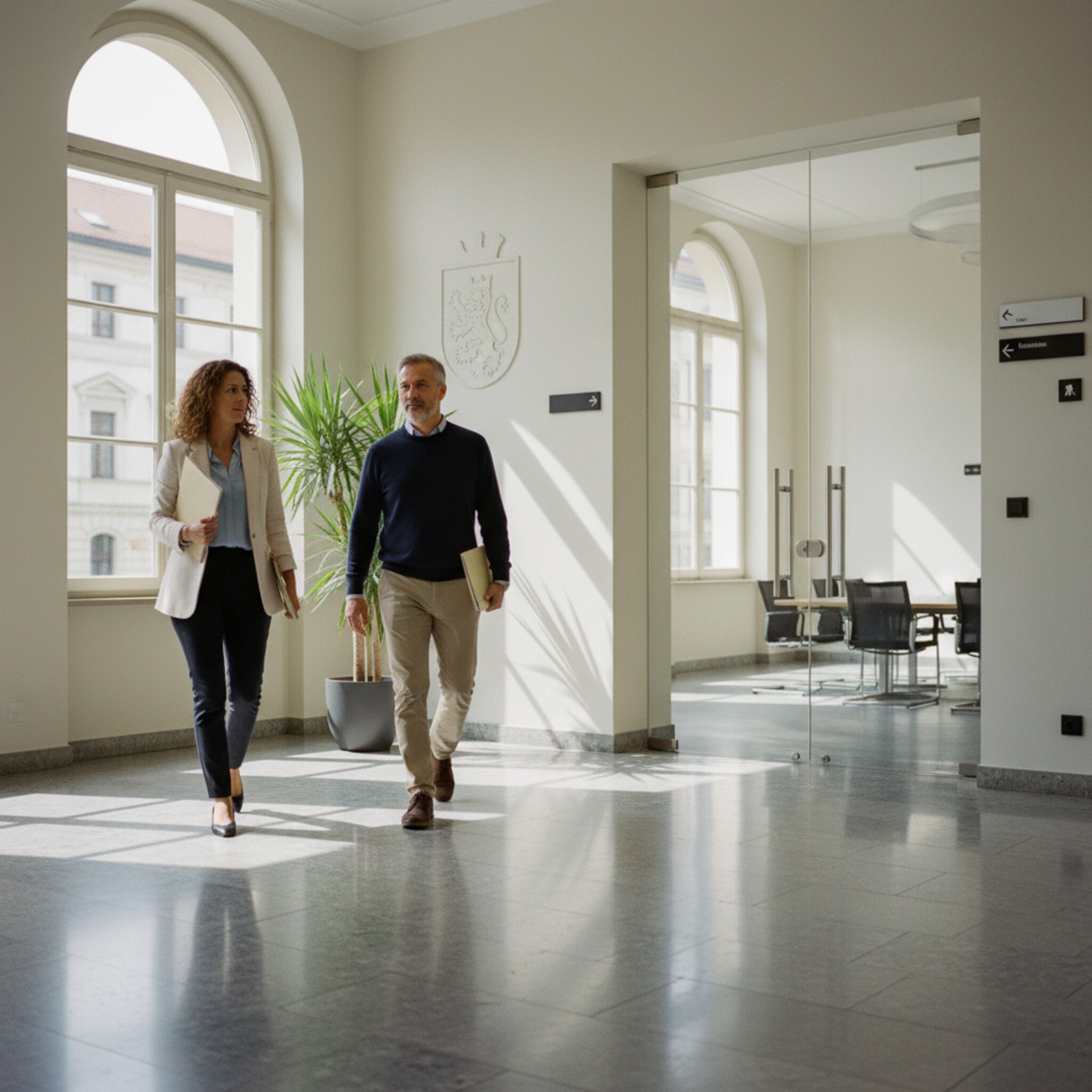 Ein heller Flur im Rathaus mit hohen Fenstern, an der Wand hängt ein Stadtwappen. Zwei Mitarbeitende gehen mit Aktenmappen Richtung Besprechungsraum. Sonniges Licht fällt auf polierten Steinboden, eine Topfpflanze lockert die Szene auf. Die Atmosphäre wirkt konzentriert und freundlich.