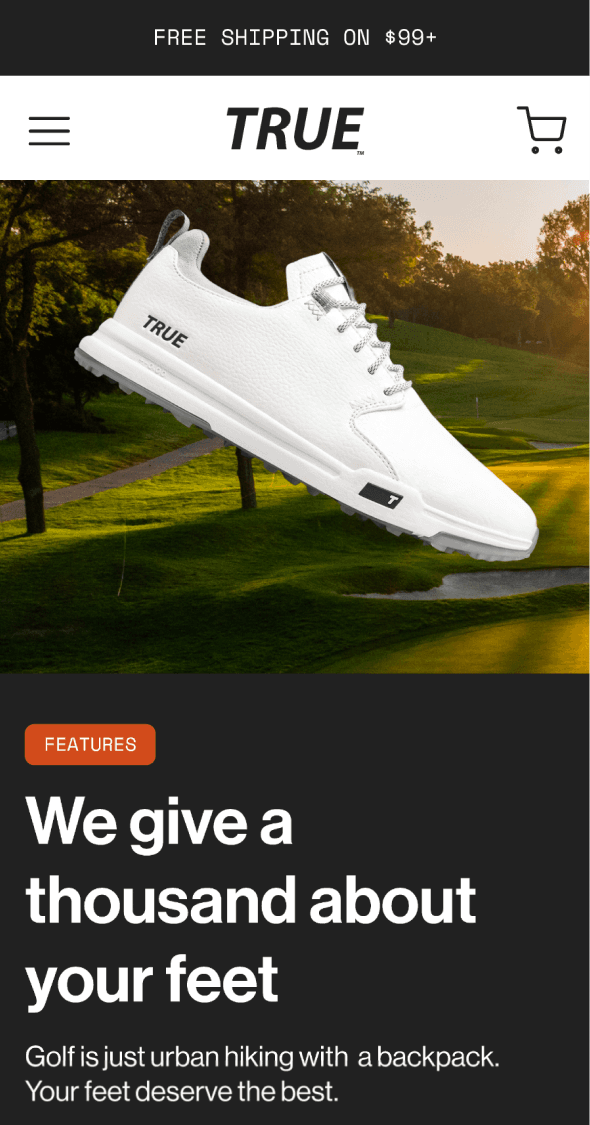 Mobile product feature section showcasing True Linkswear footwear benefits