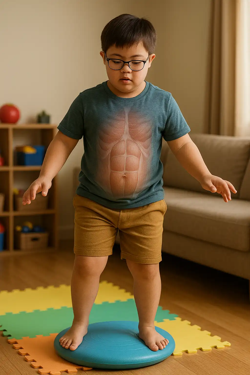 Child with Down syndrome practicing balance and motor coordination on a stability disc during pediatric physiotherapy.