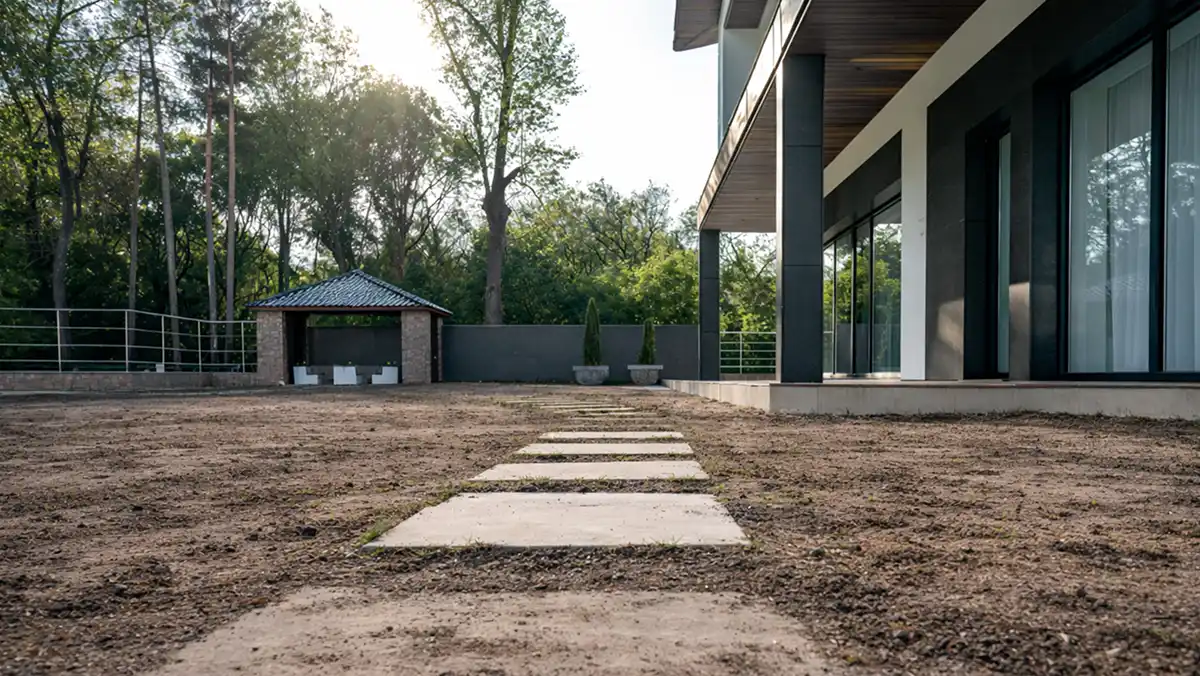 Bare soil with unfinished path, lawn installation before grass placement