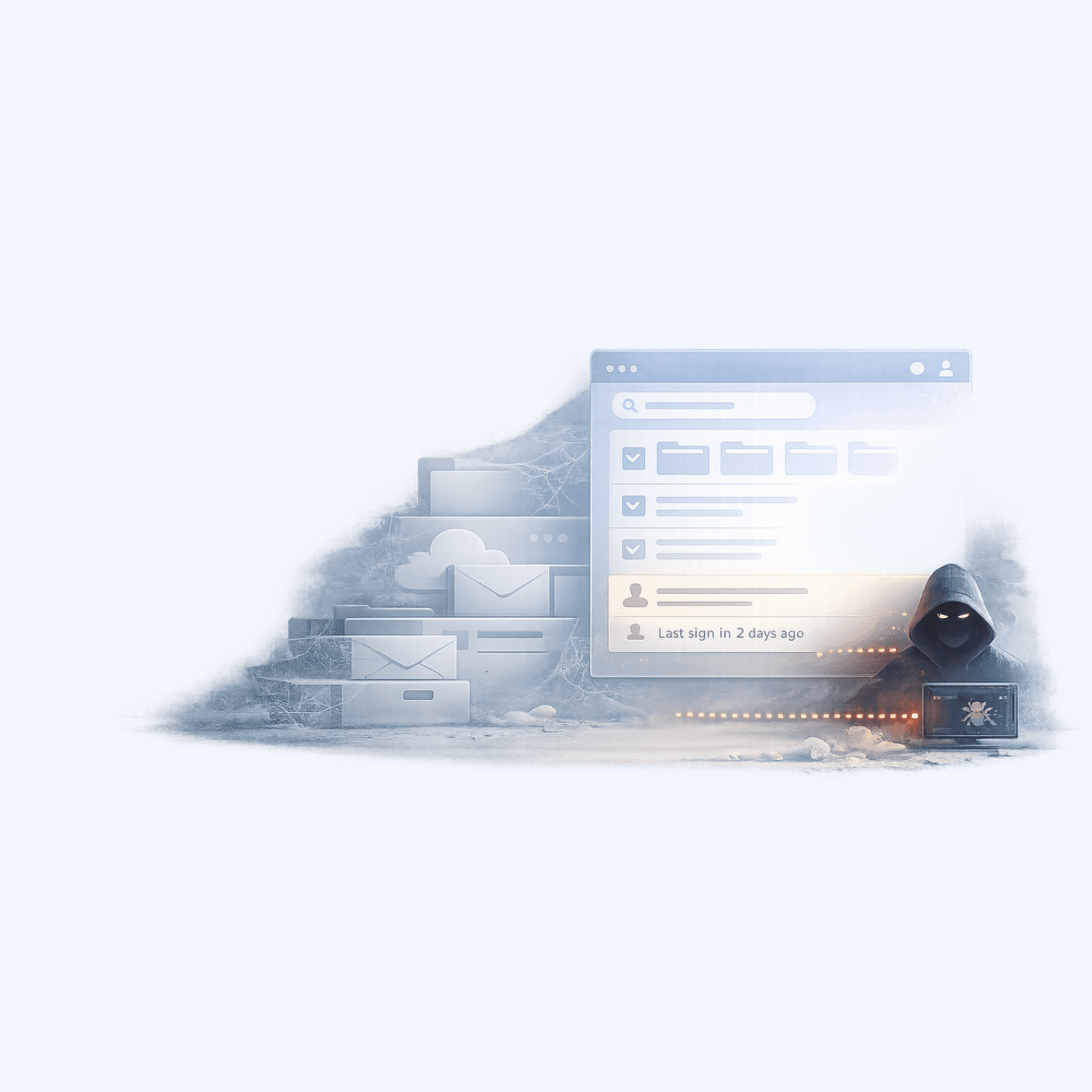 Illustration of forgotten digital accounts covered in cobwebs with a highlighted inactive user account, representing identity blind spots in cloud environments