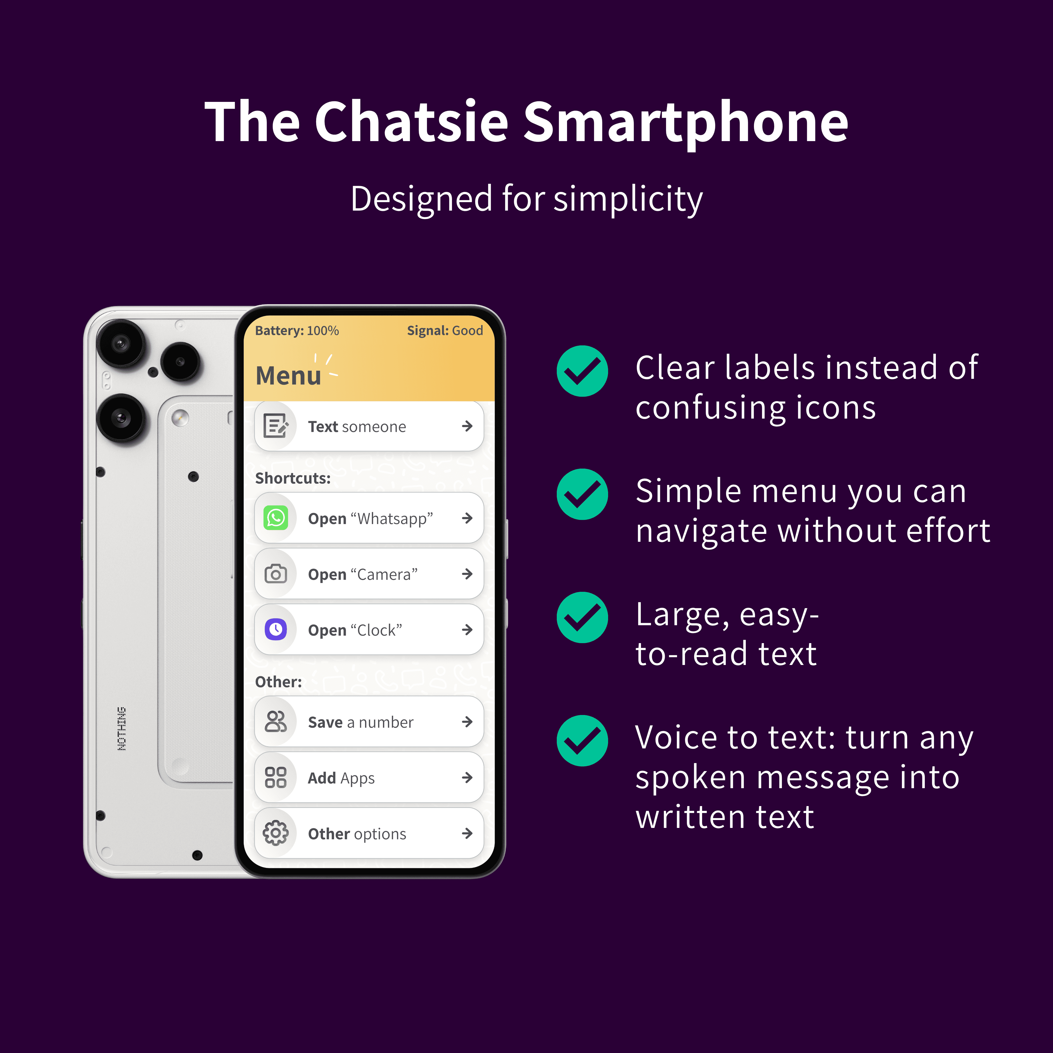 Phone with Chatsie's app menu open listing several options such as to text someone, to open Whatsapp, to open the Camera, save a number, and other functions on a white background