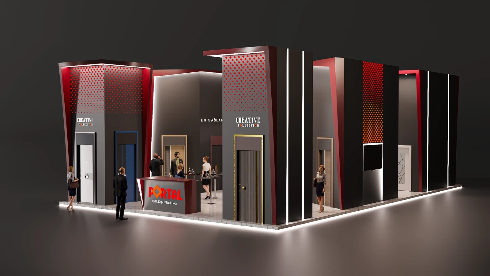 Angled 3D render of the Portal Door exhibition stand featuring illuminated facades and steel door displays.