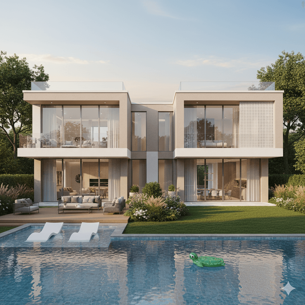 Modern lobby with marble reception desk and elevators