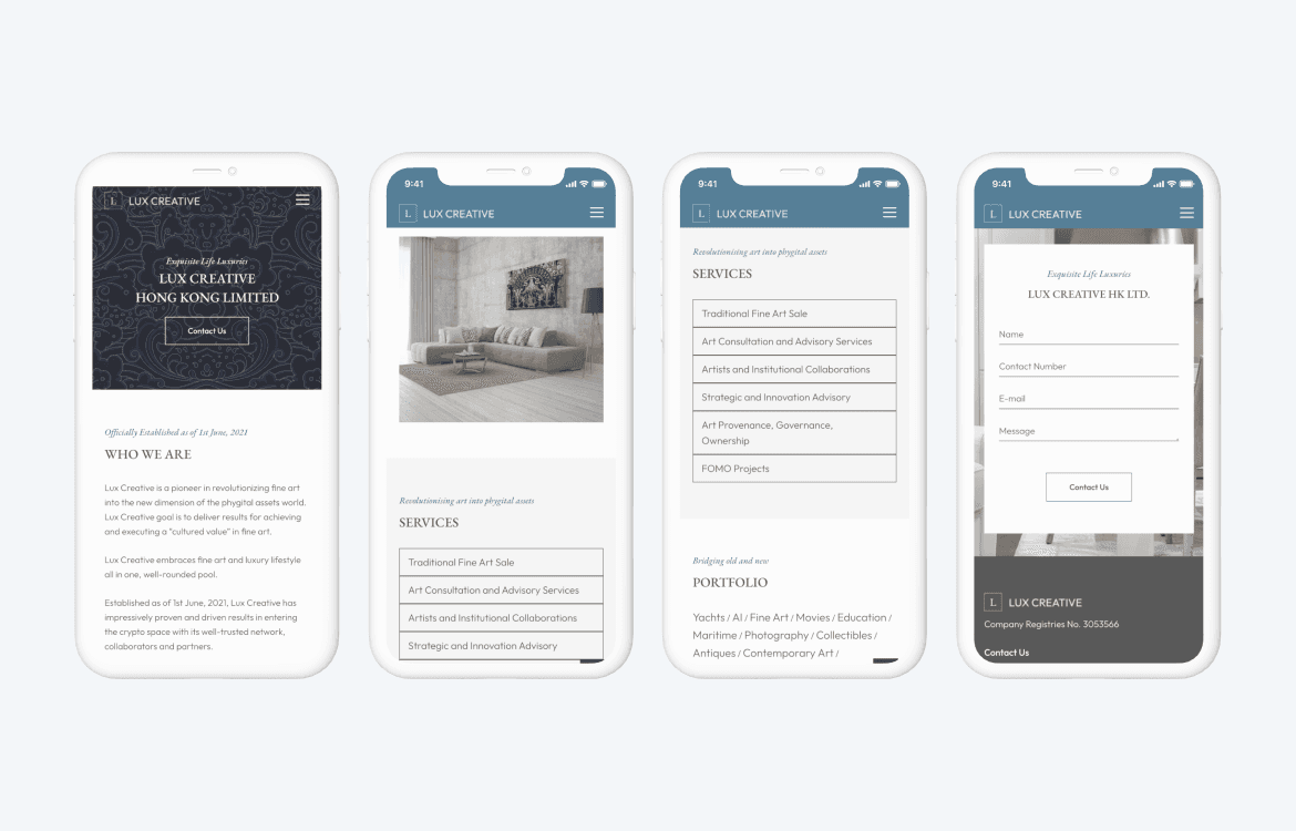 A series of mobile screens showing the Lux Creative website.
