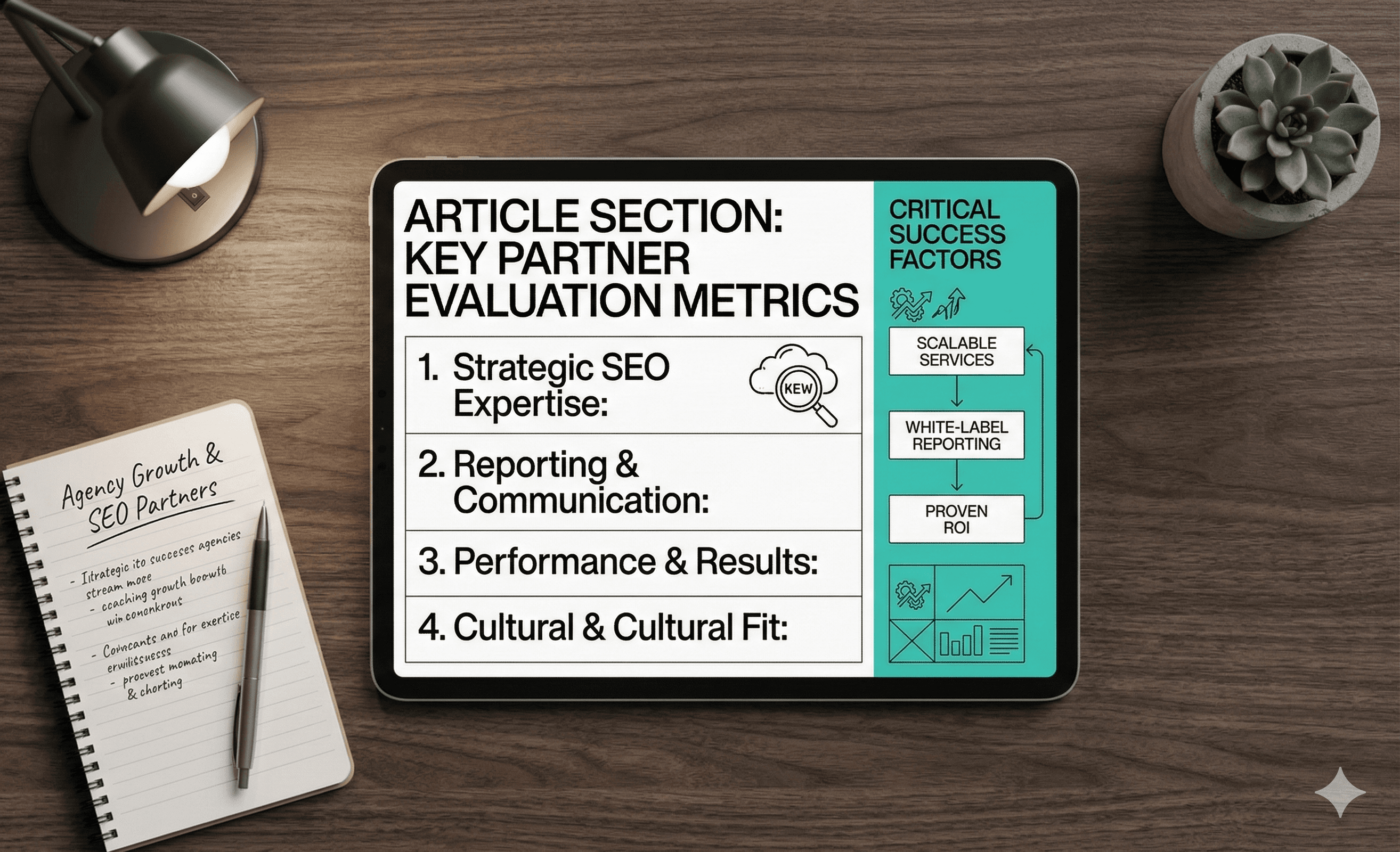 Tablet detailing the key things that SEO white label partners need to have 