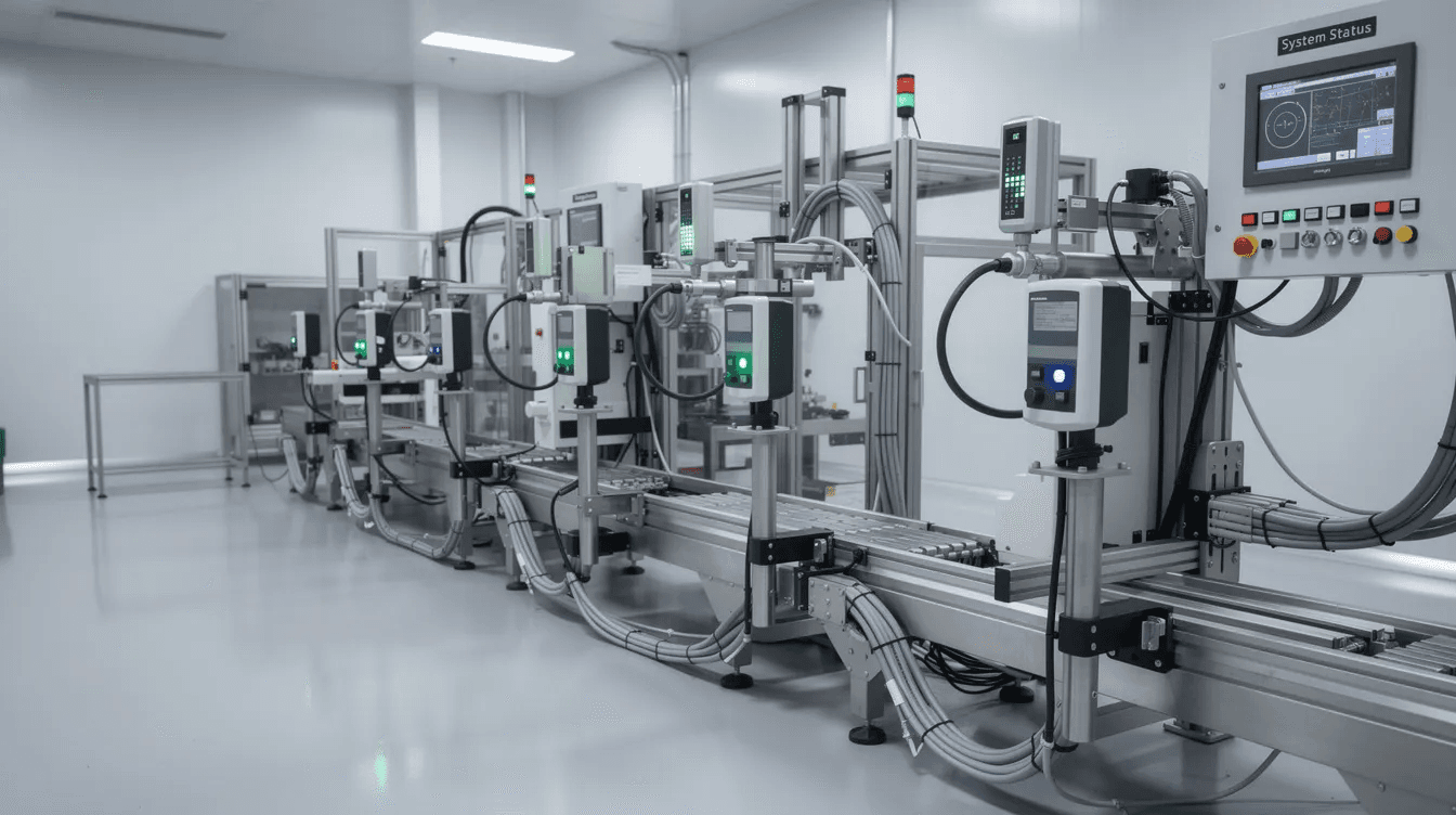 The image depicts industrial sensors mounted on machinery within a clean operations room, showcasing a setup for remote monitoring. These IoT devices facilitate real-time data transmission and continuous monitoring, enhancing operational efficiency across various industries.
