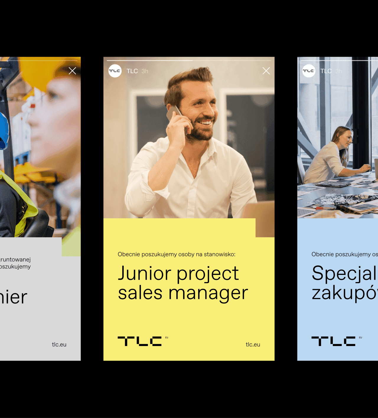 Trzy relacje TLC z ofertami pracy; w środku żółta z uśmiechniętym mężczyzną przy telefonie i „Junior project sales manager”