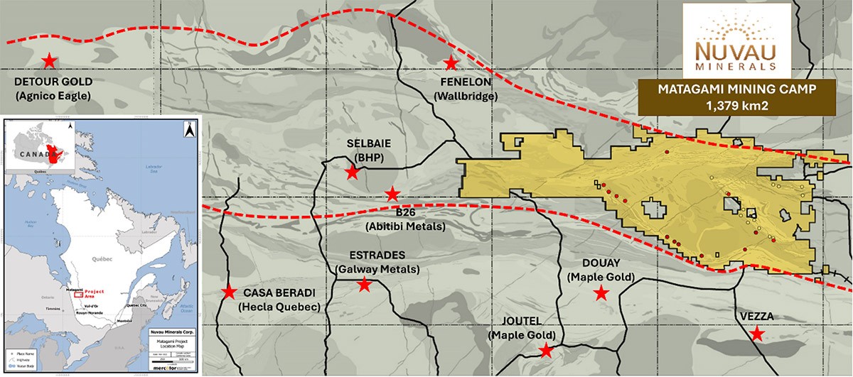 Figure 1: Position of Nuvau’s Matagami property in Canada and within the northern Abitibi advanced projects and operations