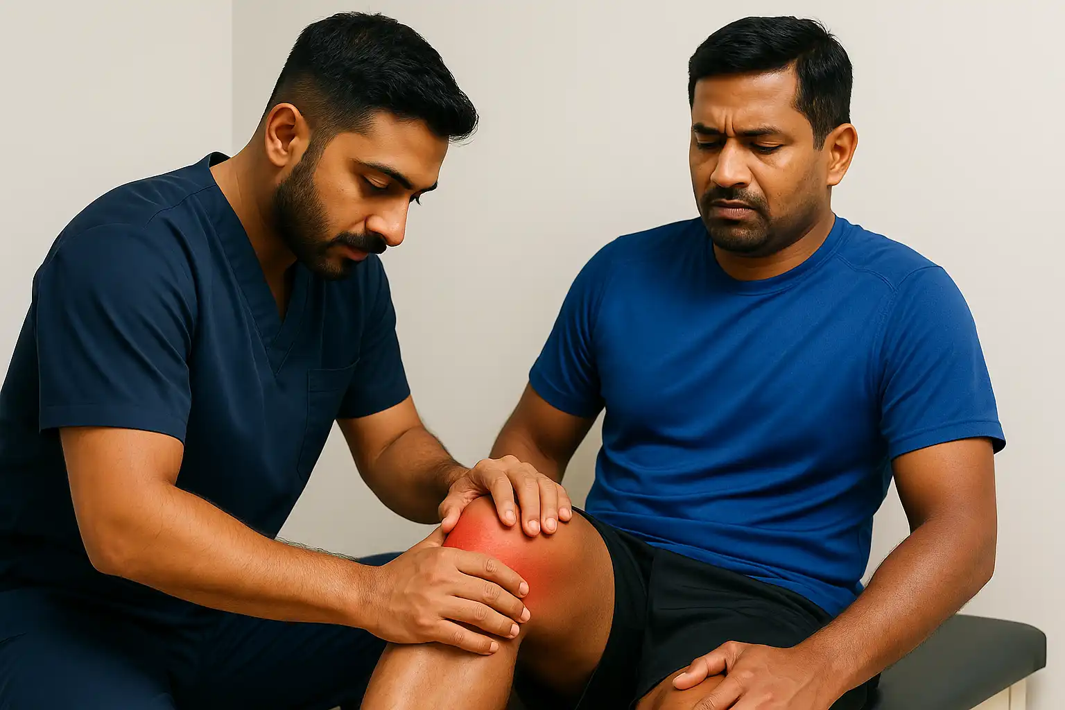 A physiotherapist assessing a man’s swollen, painful knee, indicating a sports-related injury during a rehabilitation session.