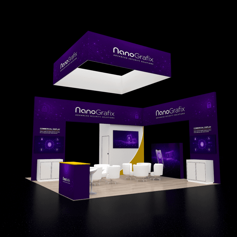 20x20 cybersecurity island booth with buyer meeting areas and reception