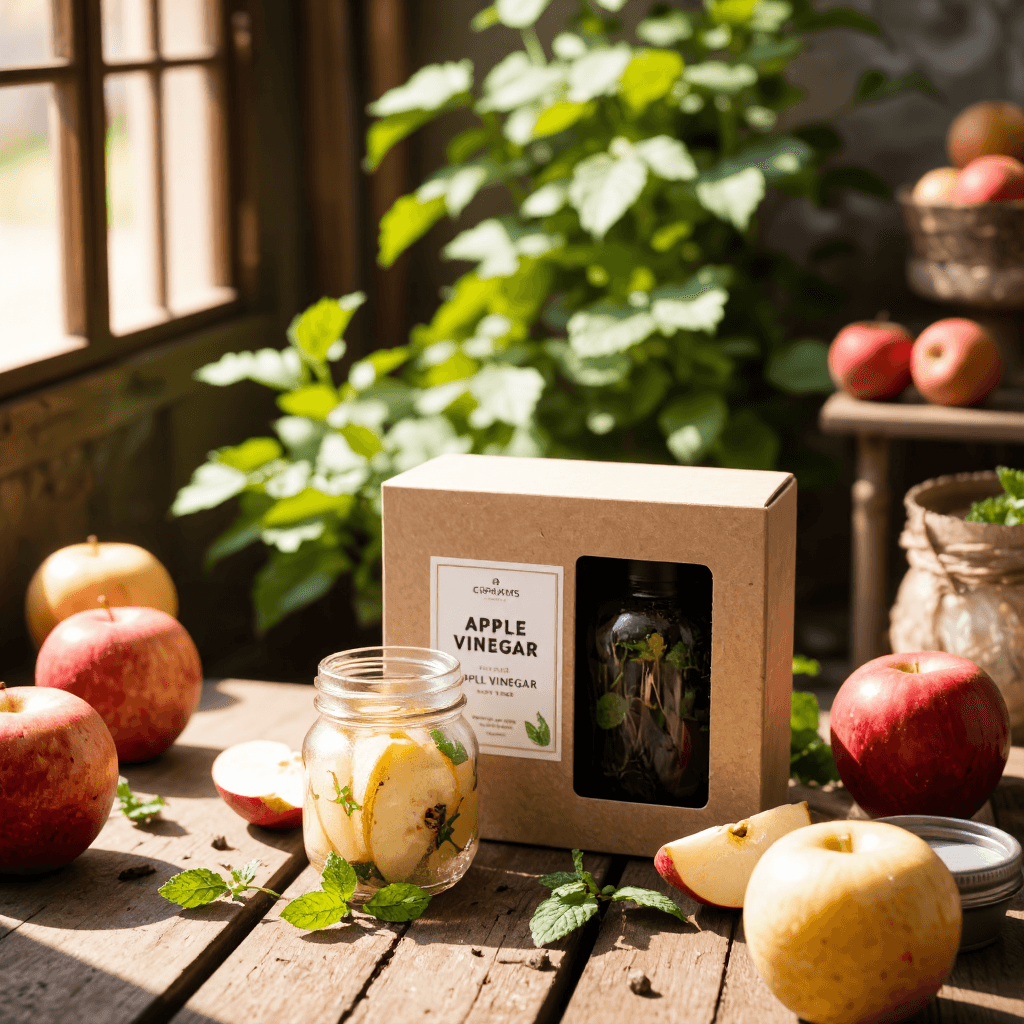 product photography of 3 bottles of apple vinegar gift set box