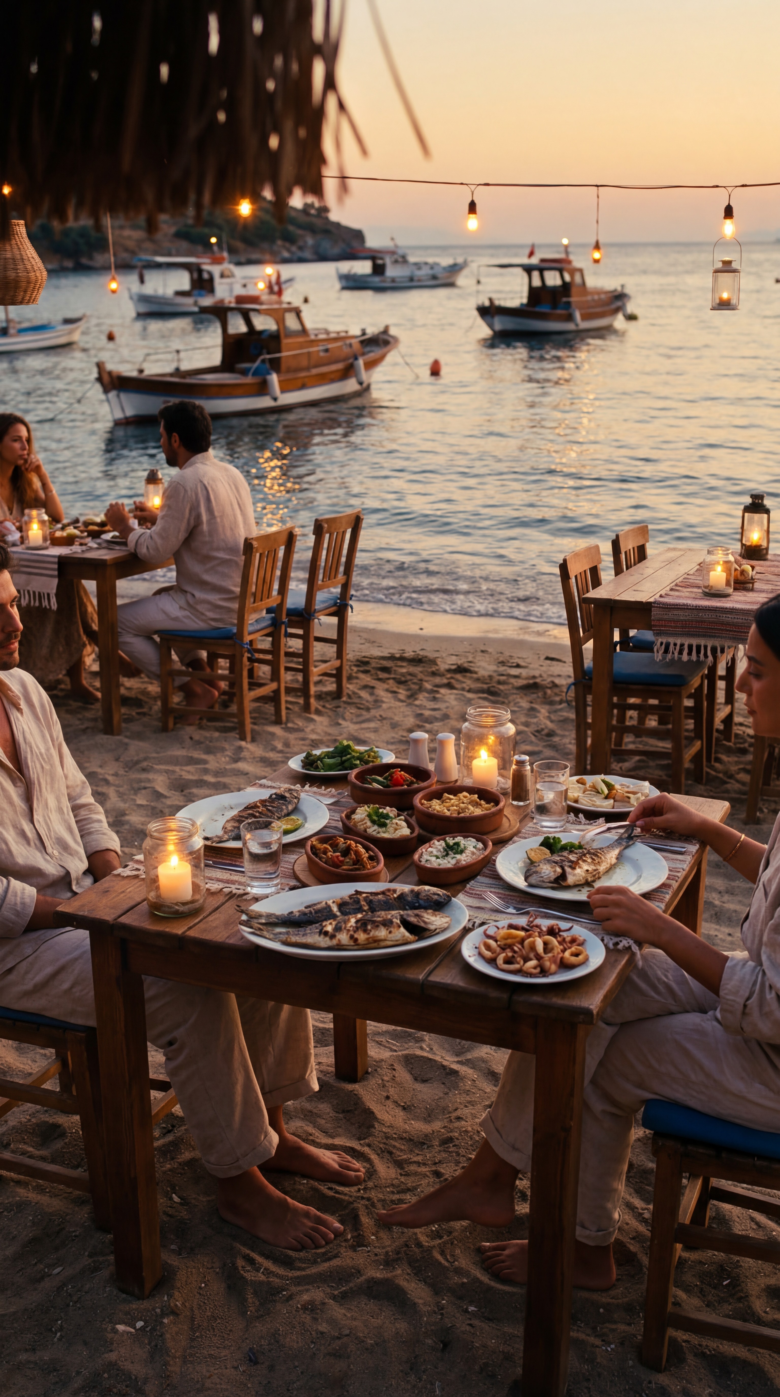 Private dining experience in Bodrum with seafood table by the water and sunset setting