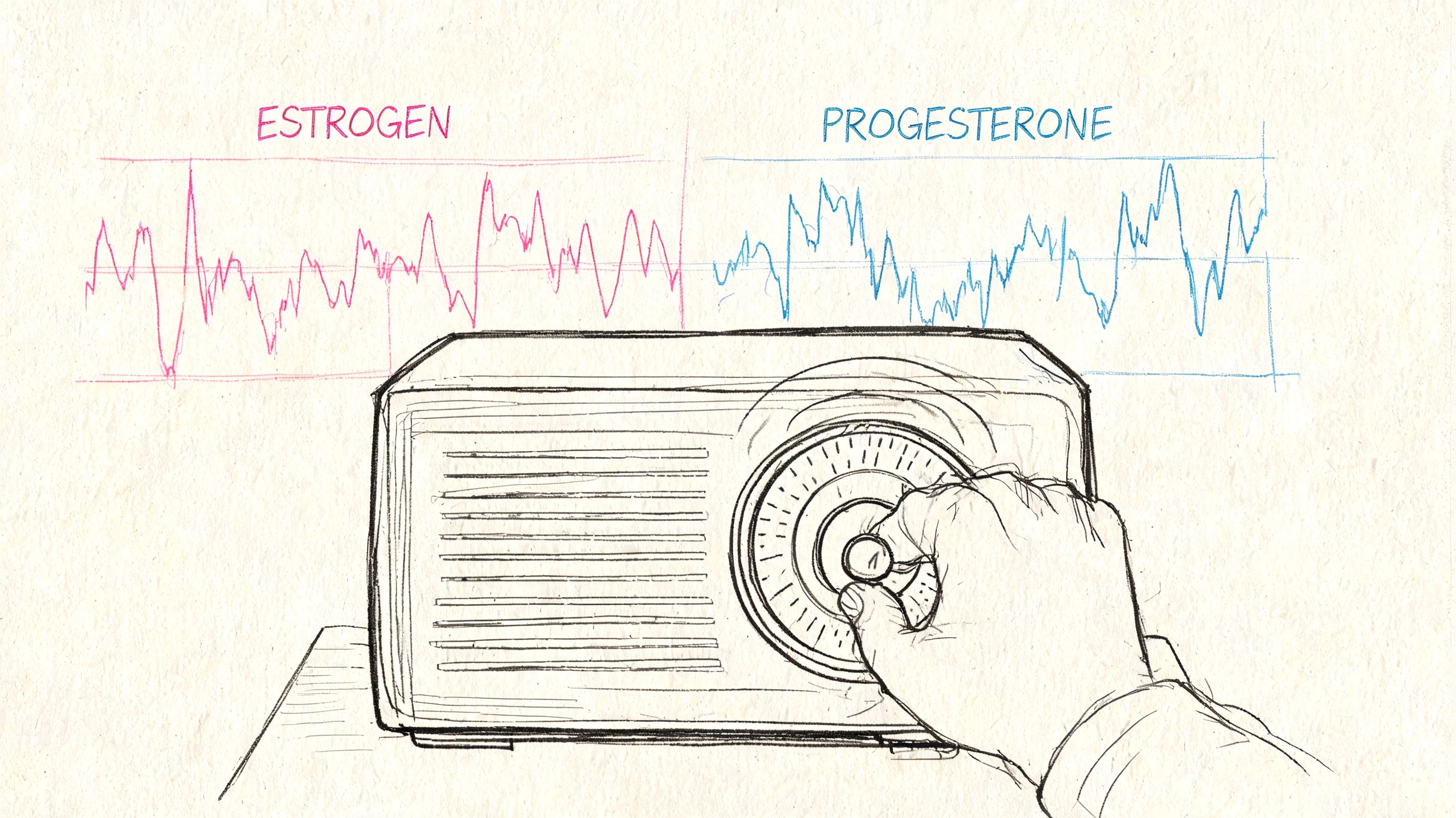 A hand turning the dial on a radio representing the fluctuation of estrogen and progesterone hormone levels.