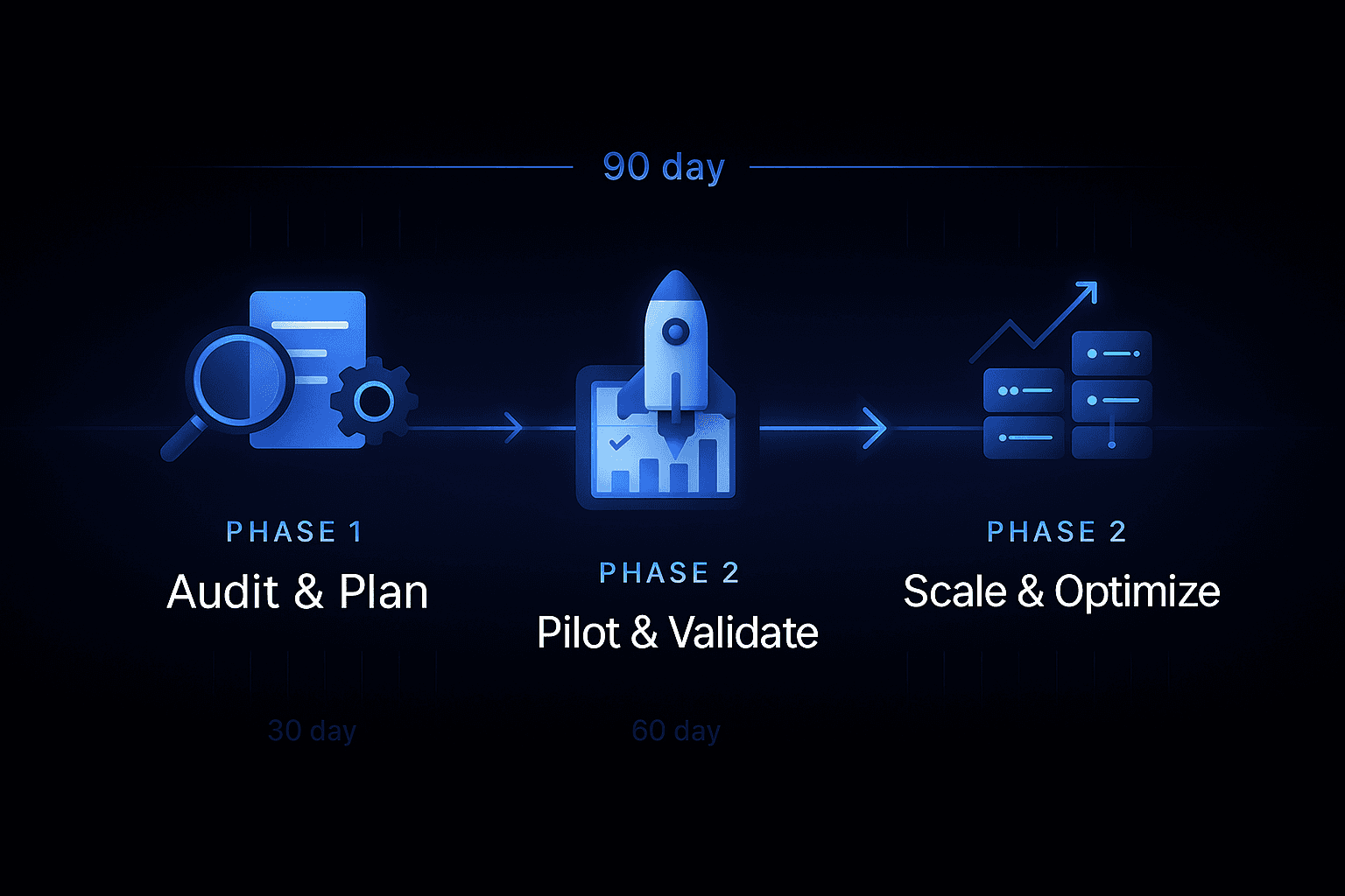 Three-phase timeline illustrating 90-day migration from legacy CMS to AI-native platform