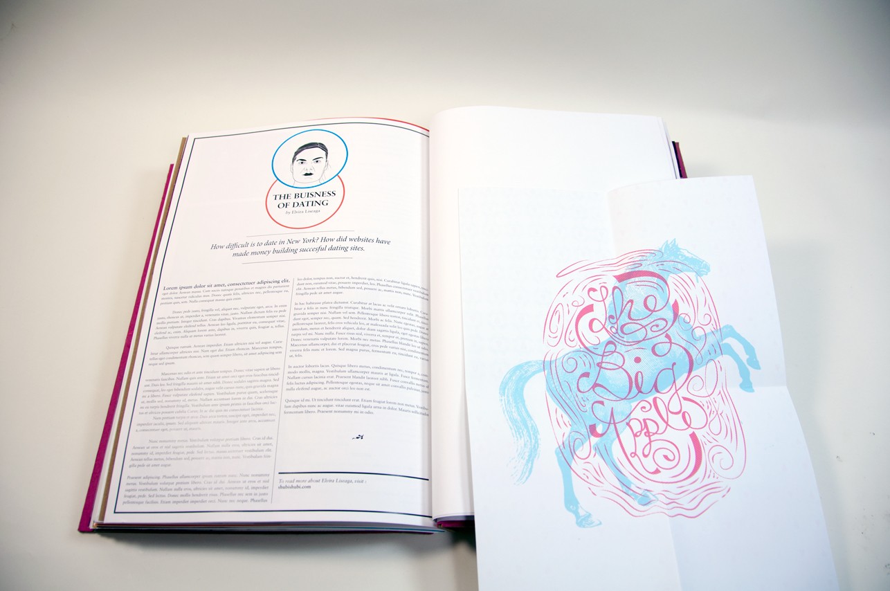 an opened book with a page with paragraphs on the left side and a postcard with a blue horse and a stamp on it on the right side
